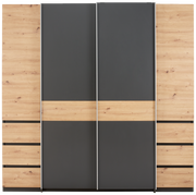Moderner Dreh- und Schwebetürenschrank mit vier Türen in Holzoptik und dunklem Grau, Frontalansicht