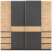 Moderner Dreh- und Schwebetürenschrank mit vier Türen in Holzoptik und dunklem Grau, Frontalansicht