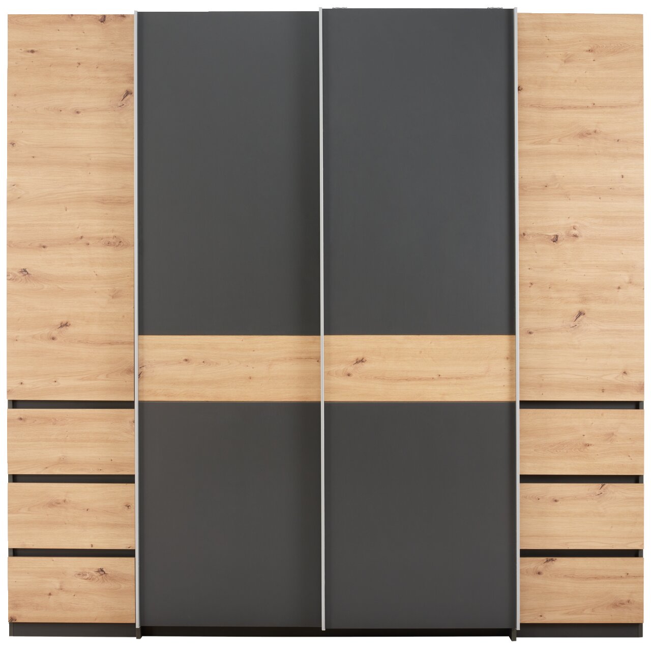 Moderner Dreh- und Schwebetürenschrank mit vier Türen in Holzoptik und dunklem Grau, Frontalansicht