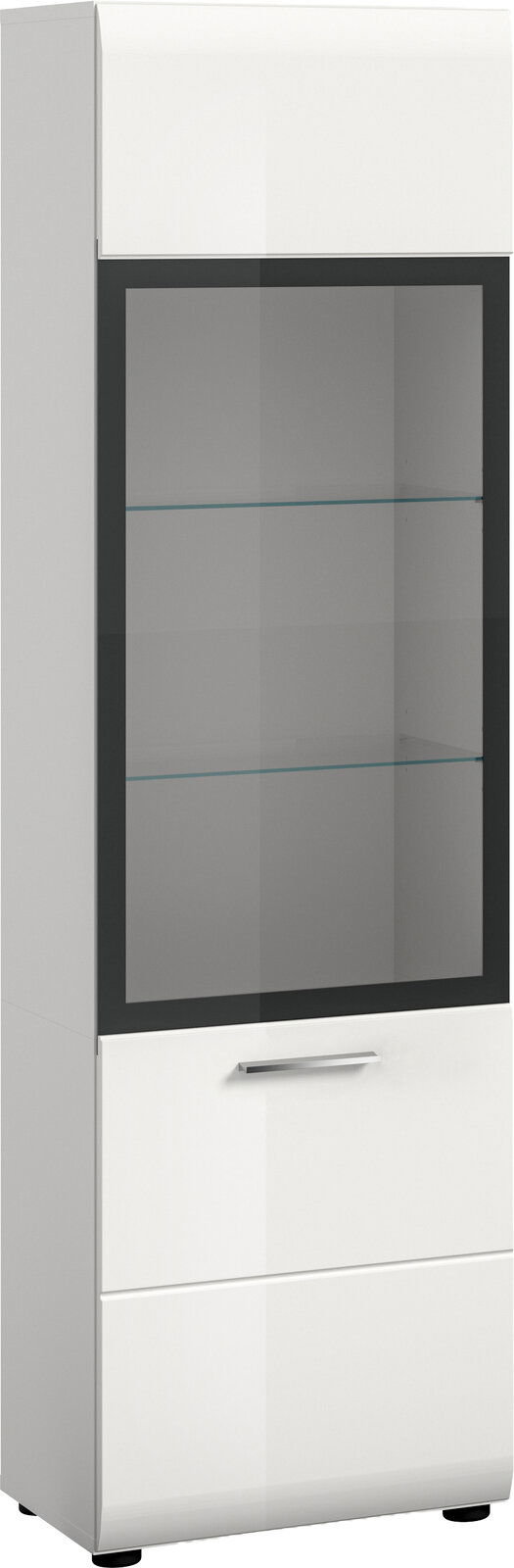 MID.YOU Vitrine ICE Weißer, hoher Vitrinenschrank mit großer Glasfront, zwei Glasböden und silbernem Griff, freigestellt vor weißem Hintergrund, in leicht schräger Frontansicht von links