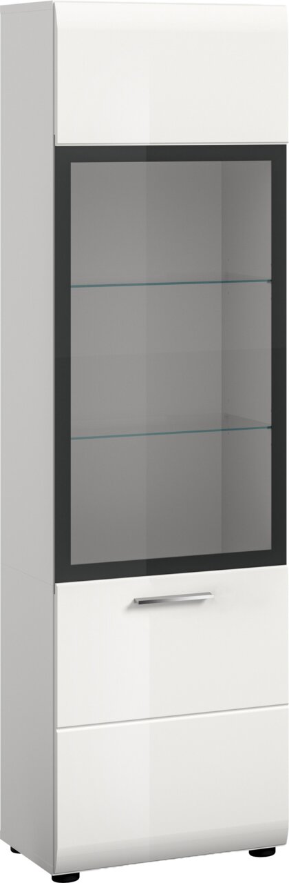 MID.YOU Vitrine ICE Weißer, hoher Vitrinenschrank mit großer Glasfront, zwei Glasböden und silbernem Griff, freigestellt vor weißem Hintergrund, in leicht schräger Frontansicht von links