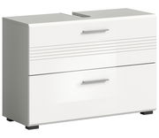 Moderner weißer Waschbeckenunterschrank mit zwei Schubladen, seitliche Perspektive