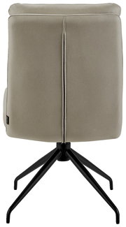 Rückansicht eines modernen Stuhls mit schwarzem Metallgestell und beigem Polster.