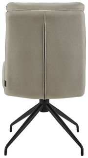 Rückansicht eines modernen Stuhls mit schwarzem Metallgestell und beigem Polster.