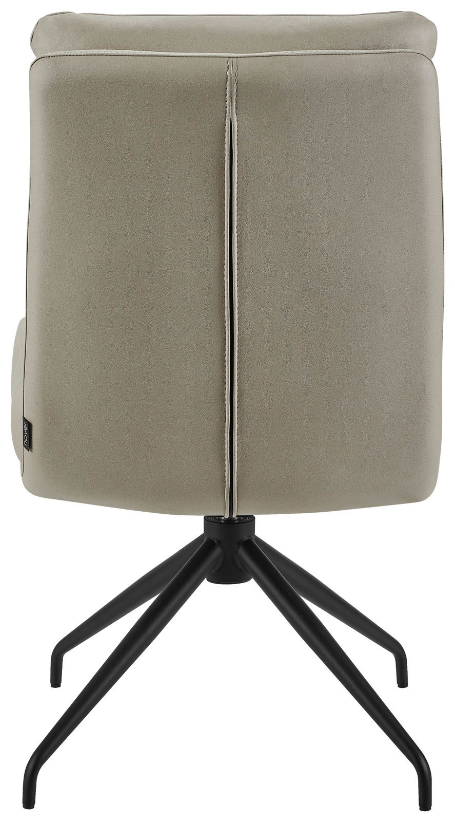 Rückansicht eines modernen Stuhls mit schwarzem Metallgestell und beigem Polster.