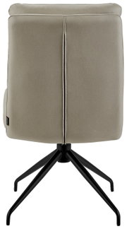 Achterkant van een moderne stoel met een zwart metalen frame en een beige bekleding.