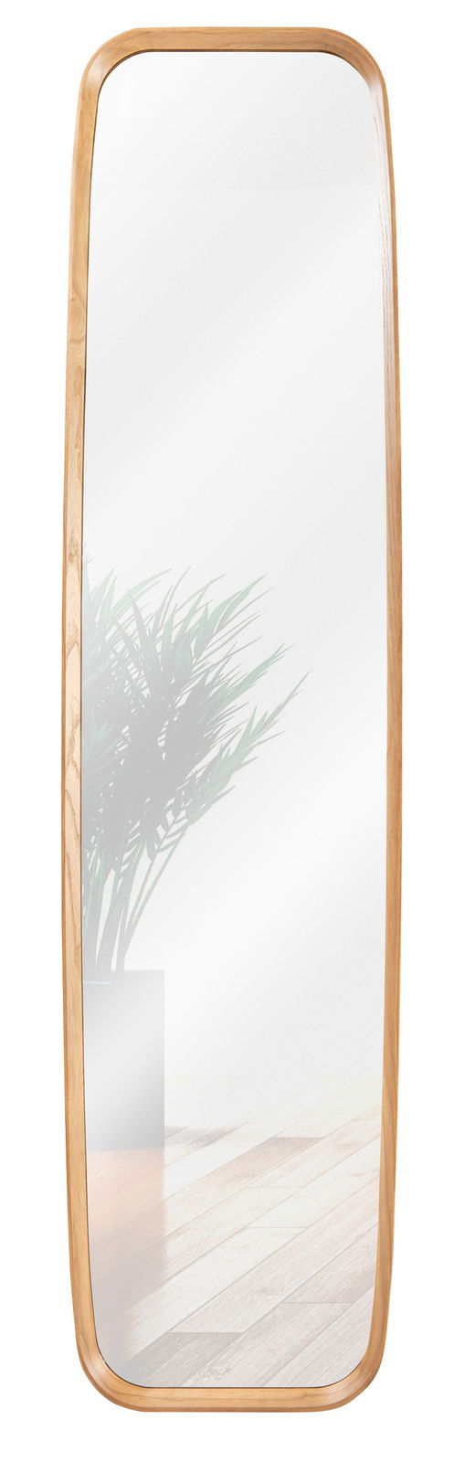 Design-Spiegel mit Holzrahmen, ca. 45x180 cm, zeigt eine reflektierte Pflanze und Holzboden aus der Frontalperspektive.