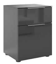 Moderne Nachtkommode in dunklem Grau mit zwei Schubladen, seitliche Perspektive