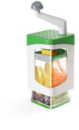 Nicer Dicer Julietti 13-tlg. aus seitlicher Perspektive, zeigt geschnittenes Gemüse in verschiedenen Formen.