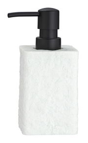 Seifenspender mit schwarzem Pumpkopf und weißer, strukturierter Oberfläche, seitliche Perspektive