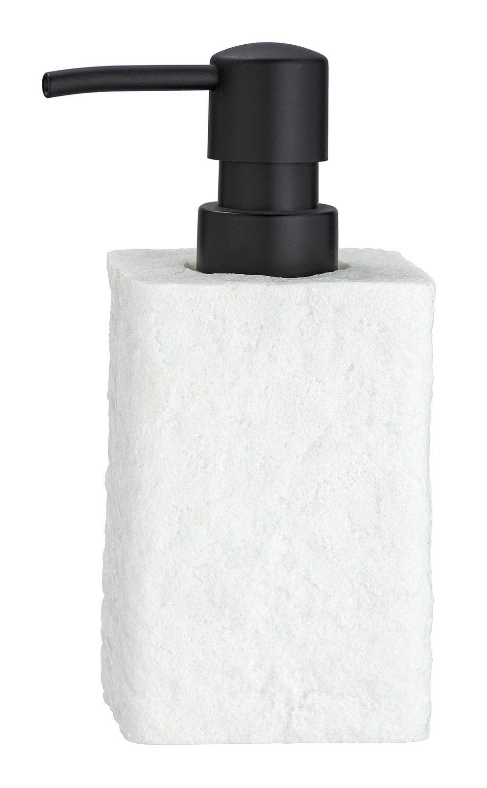 Seifenspender mit schwarzem Pumpkopf und weißer, strukturierter Oberfläche, seitliche Perspektive