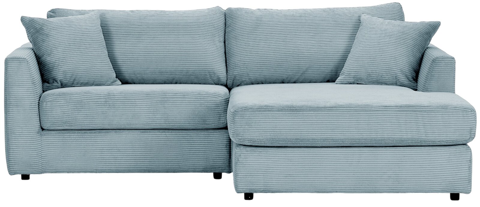 Blaue Rundecke aus Cordstoff mit zwei Kissen, Frontalansicht