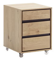 Rollcontainer aus Holz mit drei Schubladen und Rollen, seitliche Perspektive