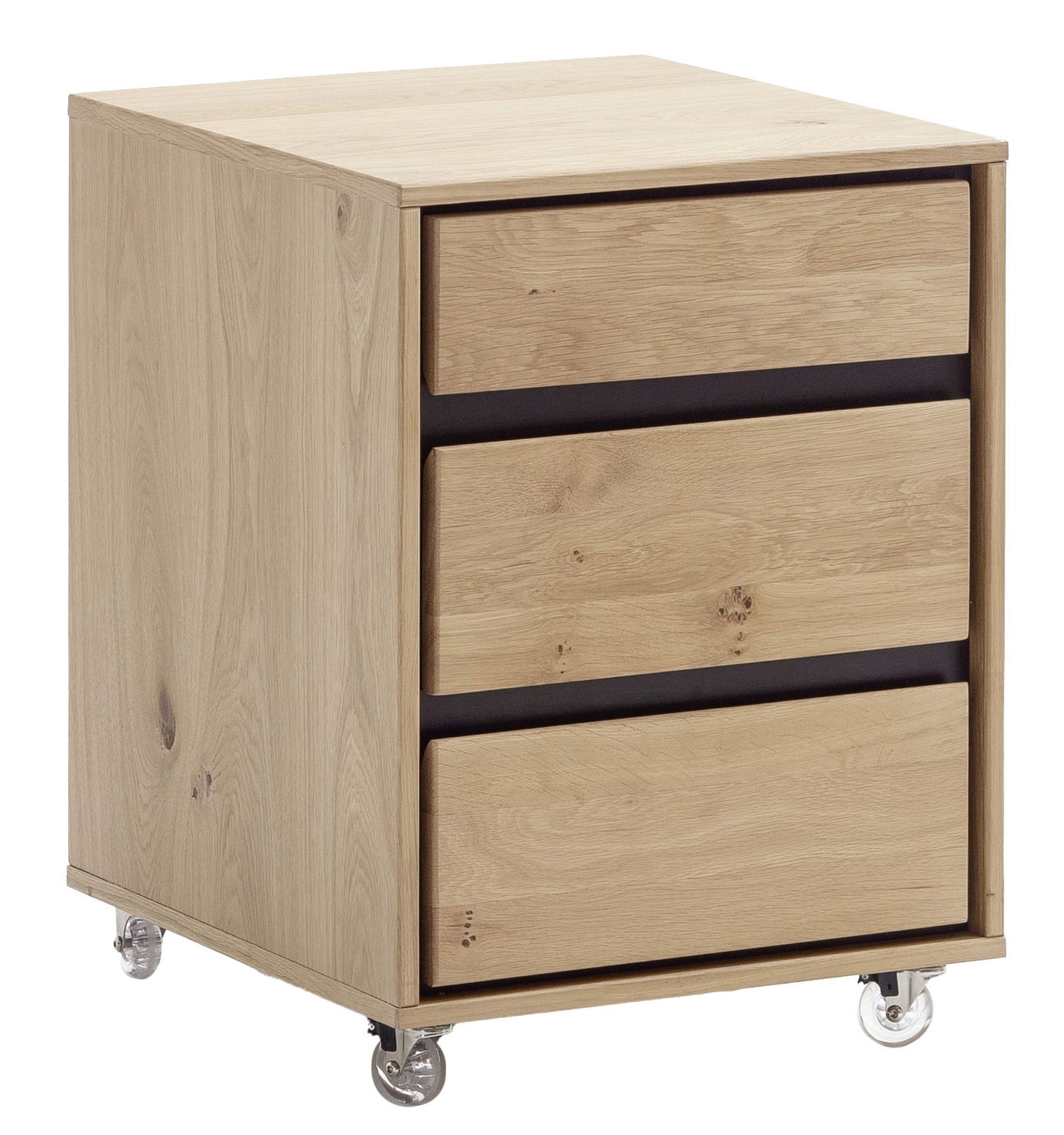 Rollcontainer aus Holz mit drei Schubladen und Rollen, seitliche Perspektive