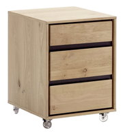 Rollcontainer aus Holz mit drei Schubladen und Rollen, seitliche Perspektive