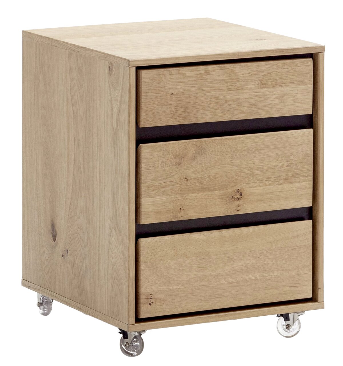 Rollcontainer aus Holz mit drei Schubladen und Rollen, seitliche Perspektive