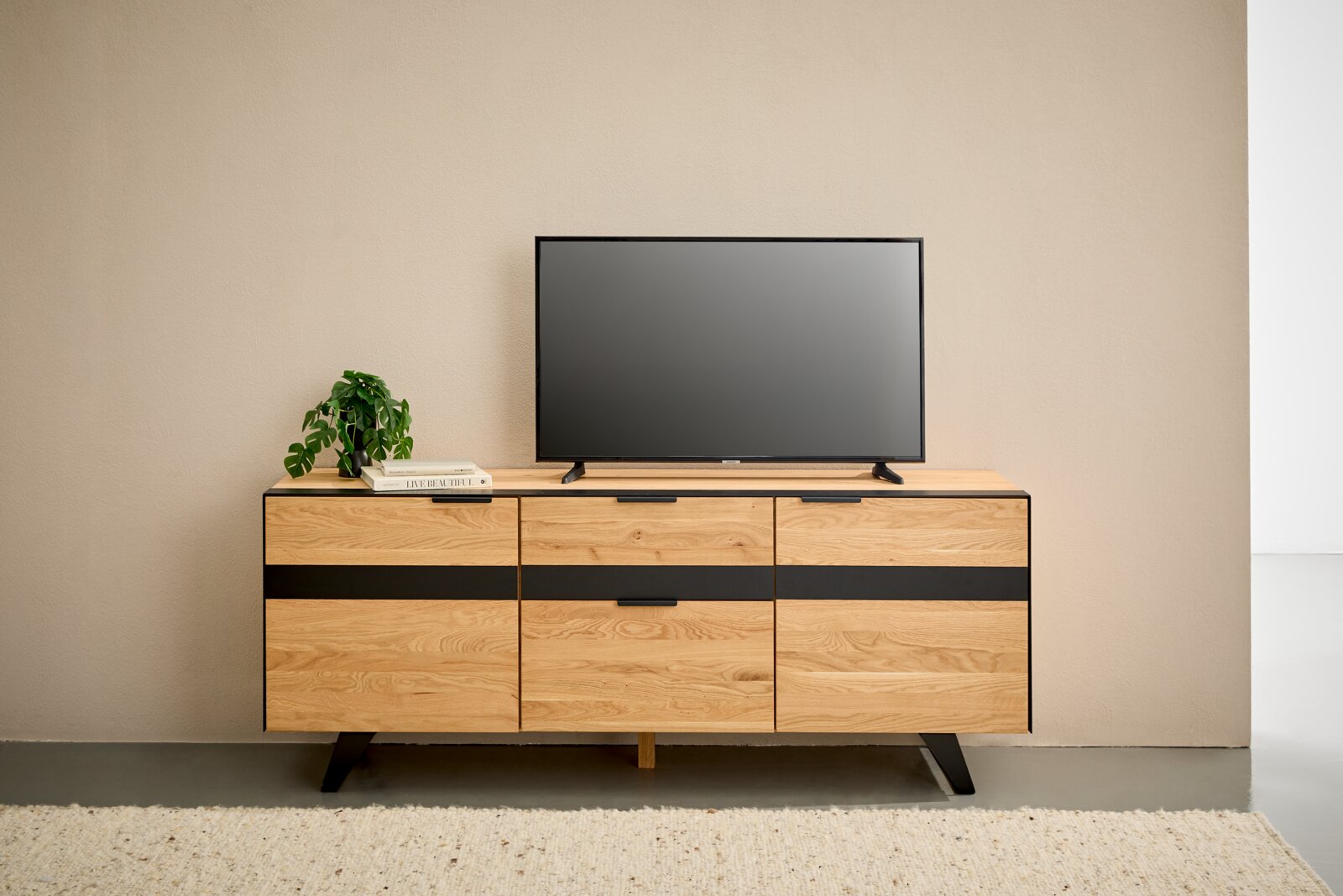 Houten tv-kast met zwarte accenten, gefotografeerd vanaf de voorkant, gedecoreerd met een tv en een plant.