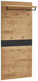 Garderobenpaneel aus Holz mit mehreren Haken und einem Regalbrett, seitliche Perspektive