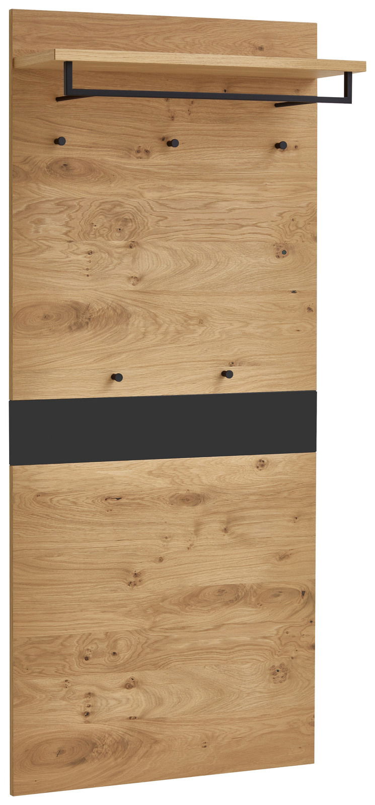 Garderobenpaneel aus Holz mit mehreren Haken und einem Regalbrett, seitliche Perspektive