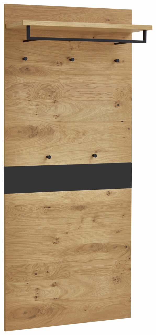 Garderobenpaneel aus Holz mit mehreren Haken und einem Regalbrett, seitliche Perspektive