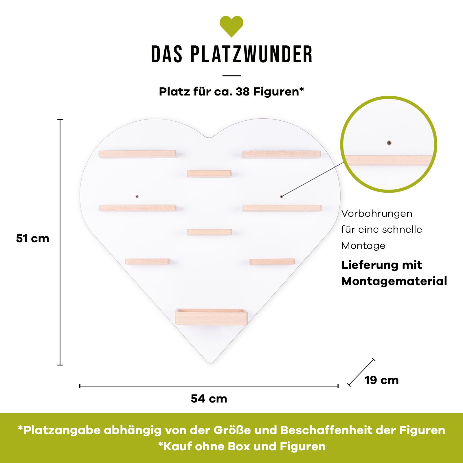 Herzförmiges weißes Wandregal/Displayboard „Das Platzwunder“ mit mehreren hellen Holzleisten, Vorbohrungen und Montagematerial, Maße ca. 54 x 51 cm (Tiefe ca. 19 cm), Platz für ca. 38 Figuren, frontal in Draufsicht auf weißem Hintergrund.