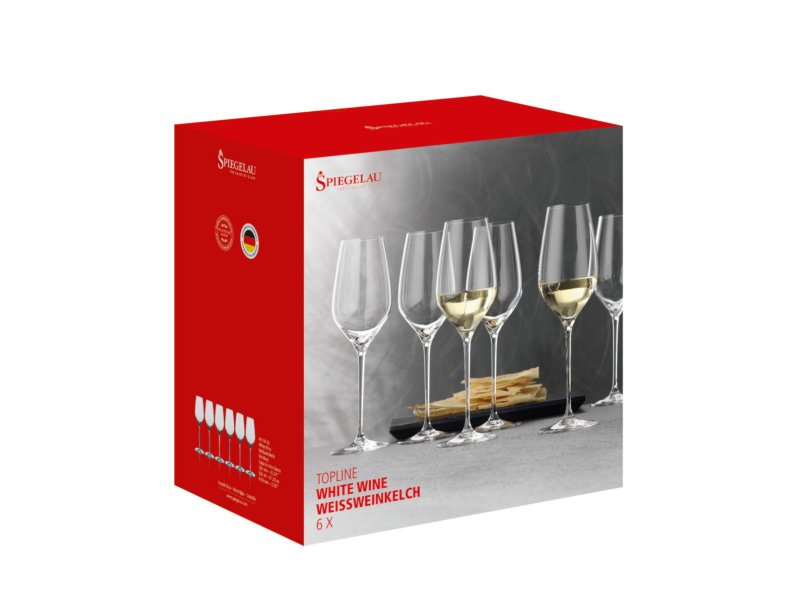 Spiegelau Weinkelch TOPLINE Verpackung mit sechs Weißweingläsern der Serie Topline von Spiegelau, seitliche Perspektive