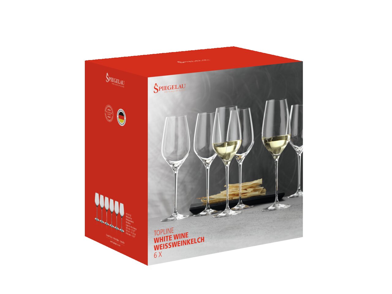 Verpackung mit sechs Weißweingläsern der Serie Topline von Spiegelau, seitliche Perspektive