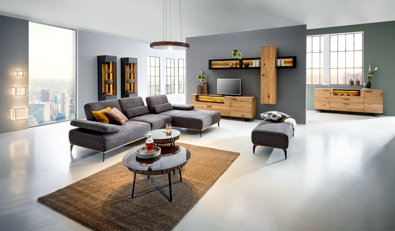 Moderne longchair-combinatie Valnatura 16580 SPRINT in een stijlvolle woonkamer, zijaanzicht