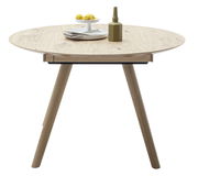 Runder Esstisch aus Holz mit drei Beinen, dekoriert mit einer Vase und einem Teller mit Zitronen, seitliche Perspektive