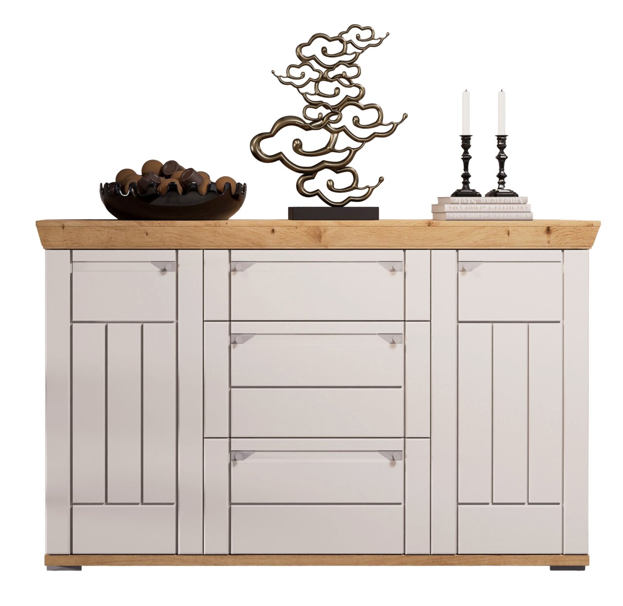 Frontale Ansicht eines stilvollen Sideboards mit Holzplatte, dekoriert mit einer modernen Skulptur, einer Schale und Kerzenhaltern.