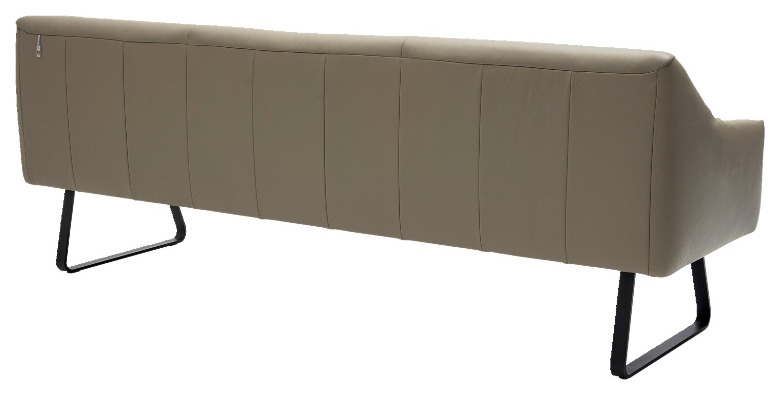 Achterkant van een moderne bank met gestoffeerde rugleuning en metalen poten.