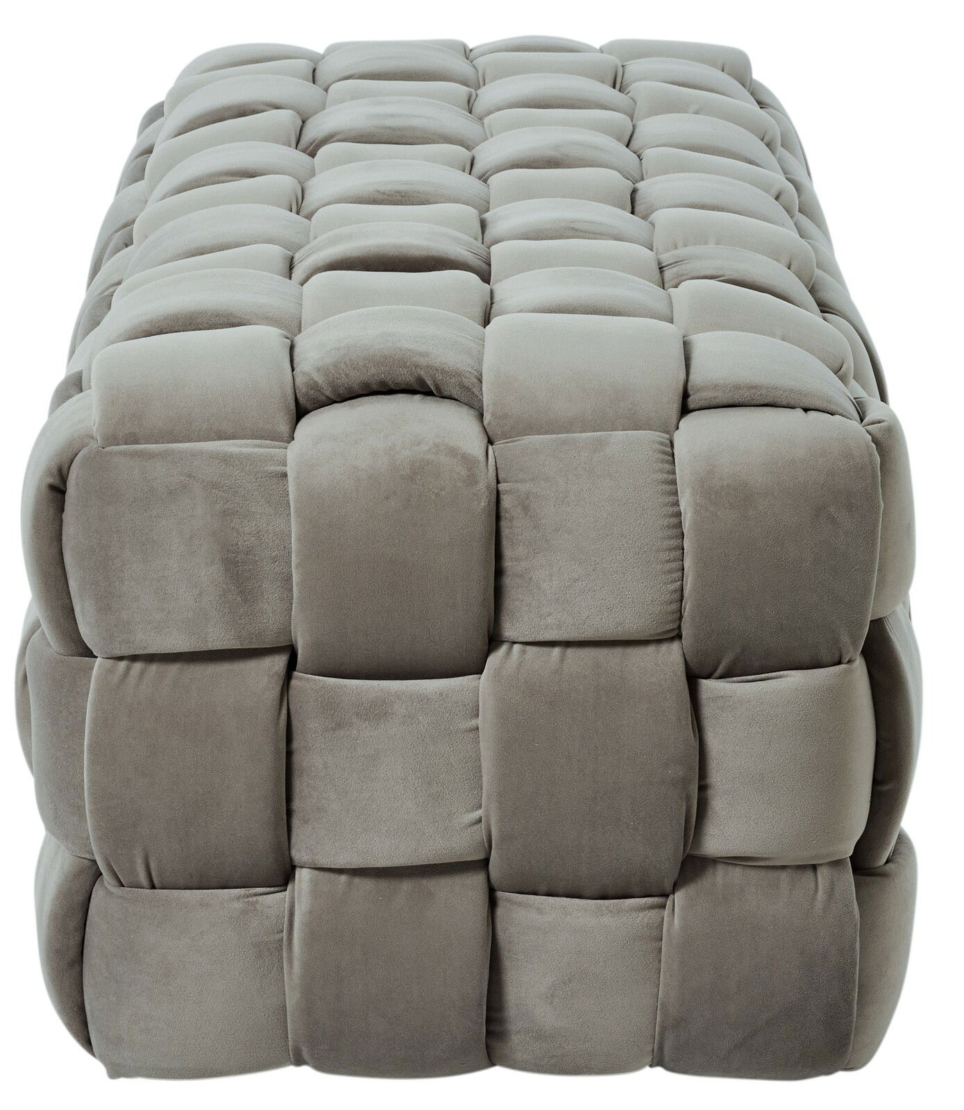 Grauer, gepolsterter Hocker mit quadratischem Muster, Vorderansicht