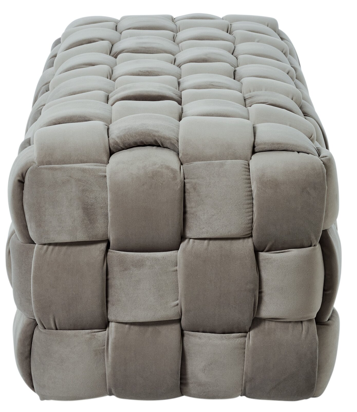 Grauer, gepolsterter Hocker mit quadratischem Muster, Vorderansicht