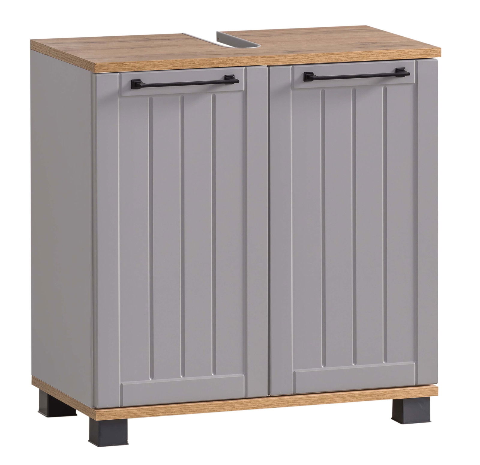 Stylife Waschbeckenunterschrank JELDA Moderner Waschbeckenunterschrank in grauer Farbe mit Holzoberfläche, Frontansicht