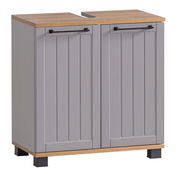 Moderner Waschbeckenunterschrank in grauer Farbe mit Holzoberfläche, Frontansicht