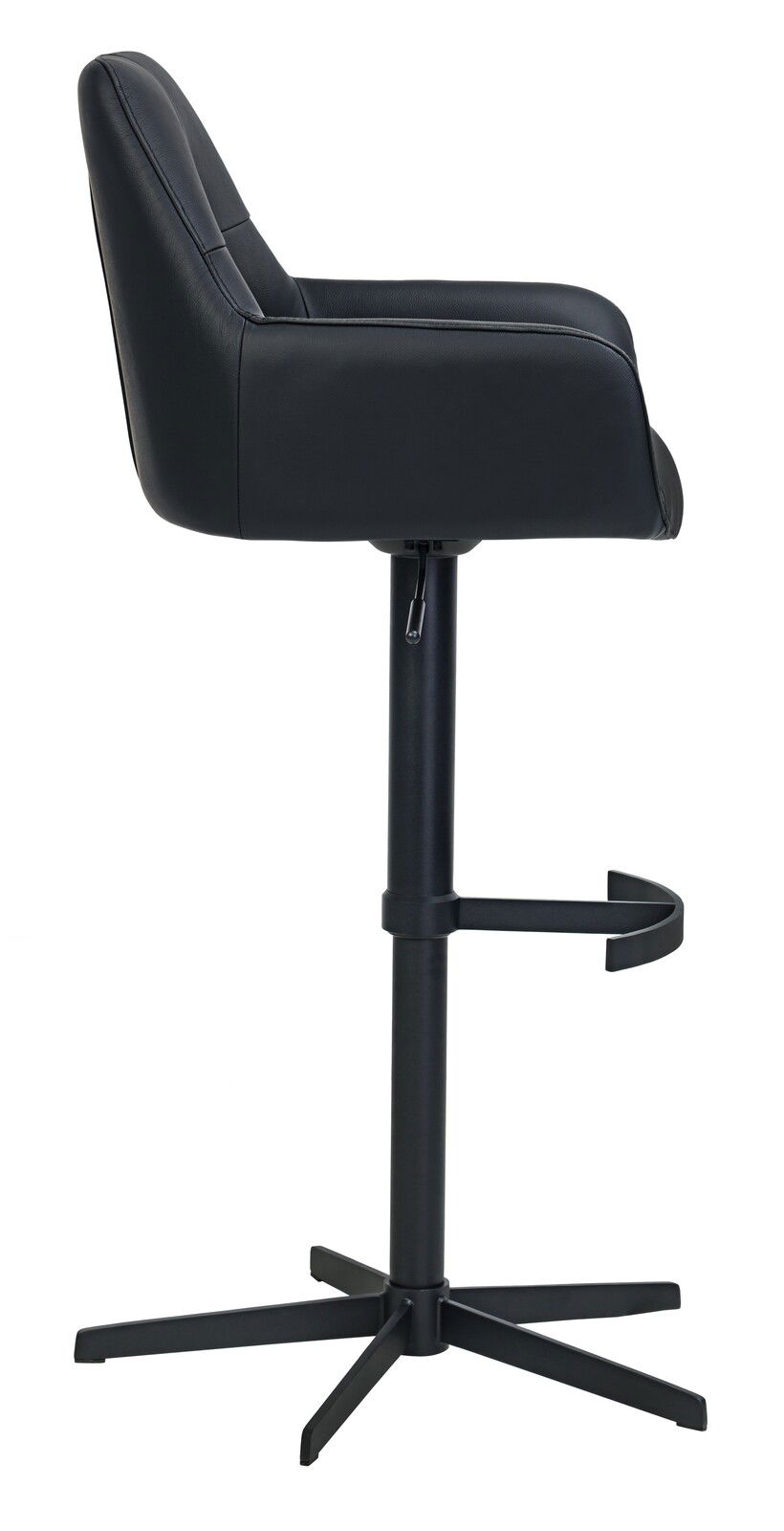 Moderner schwarzer Barhocker aus Leder mit Rückenlehne, seitliche Ansicht