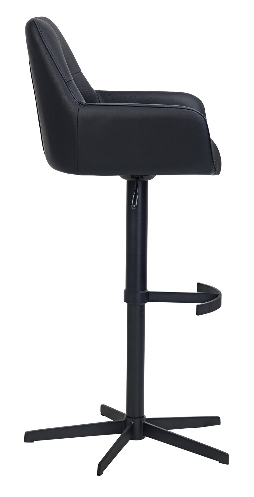 Moderner schwarzer Barhocker aus Leder mit Rückenlehne, seitliche Ansicht