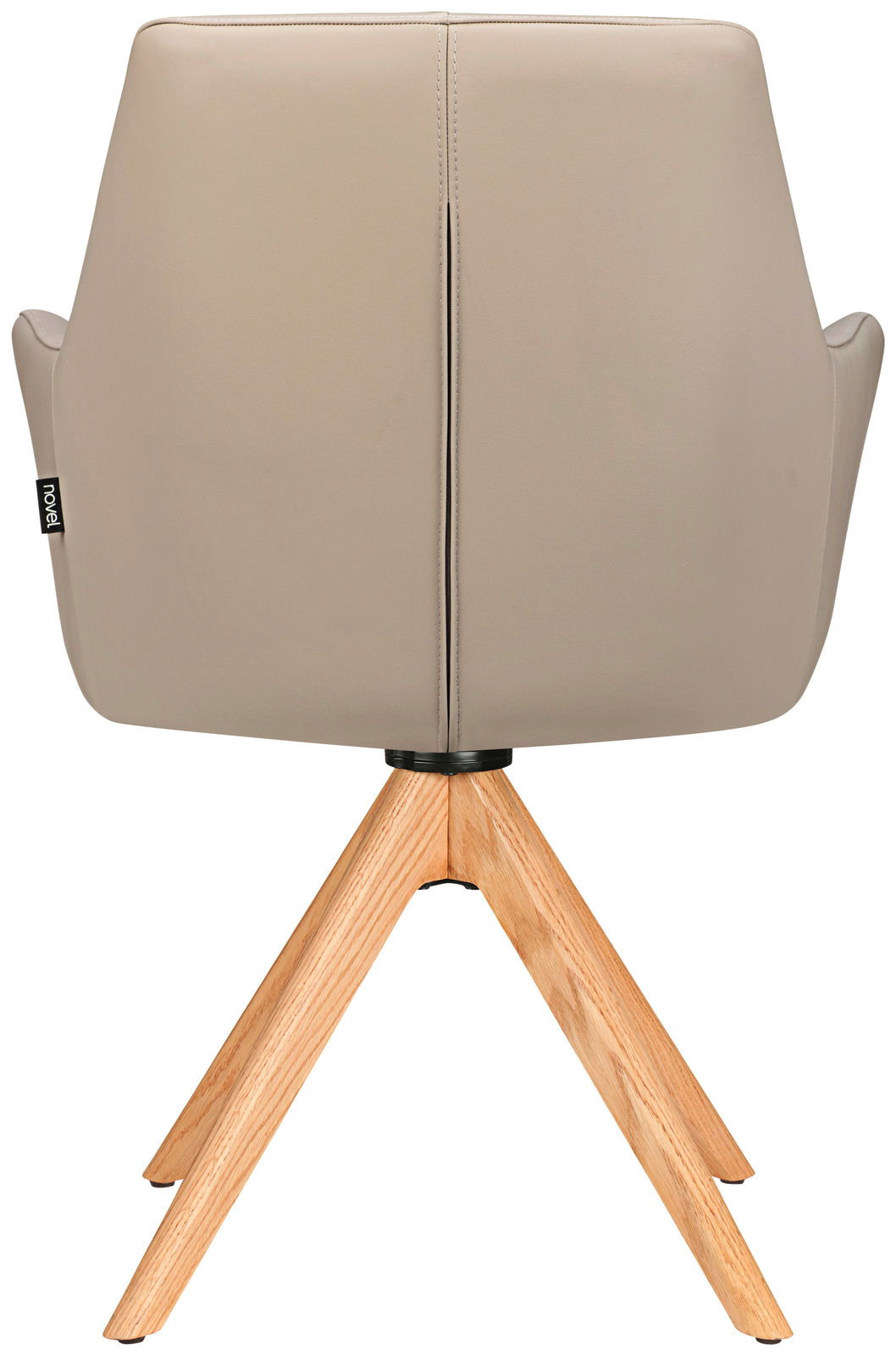 Rückansicht eines Armlehnstuhls mit beigem Polster und Holzbeinen.