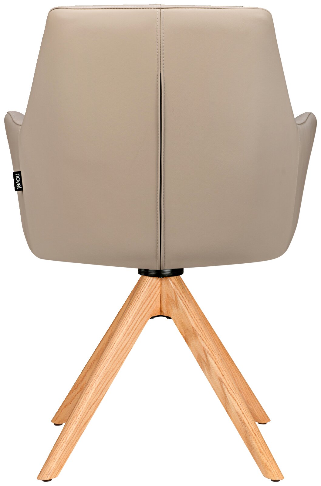 Rückansicht eines Armlehnstuhls mit beigem Polster und Holzbeinen.
