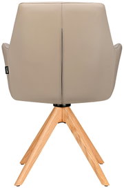 Rückansicht eines Armlehnstuhls mit beigem Polster und Holzbeinen.