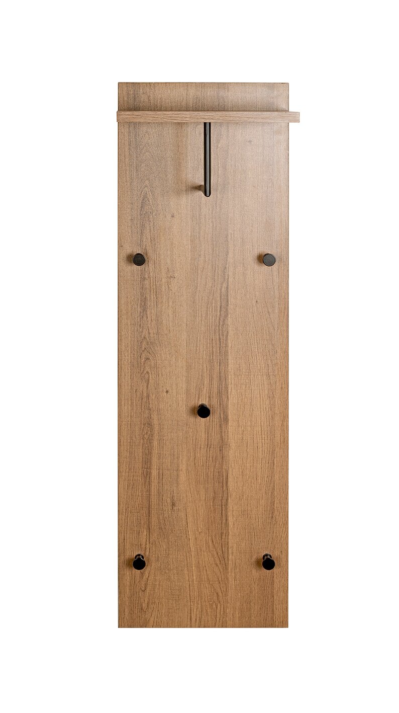 Schmale Wandgarderobe aus Holz in Eichenoptik mit mehreren schwarzen Haken und oberer Ablage, frontale Ansicht.