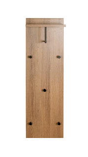 Schmale Wandgarderobe aus Holz in Eichenoptik mit mehreren schwarzen Haken und oberer Ablage, frontale Ansicht.