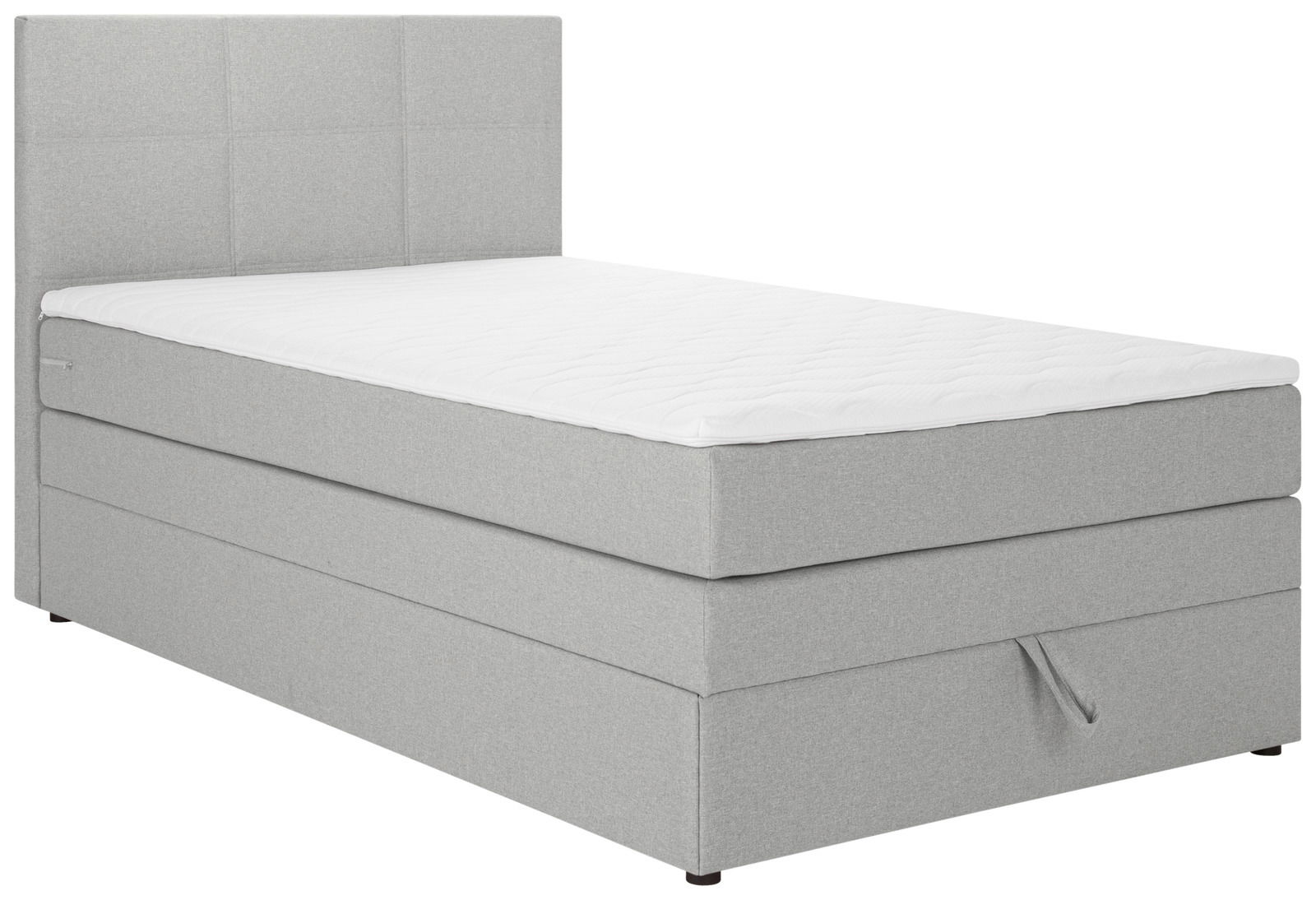 Graues Boxspringbett mit weißer Matratze, seitliche Perspektive