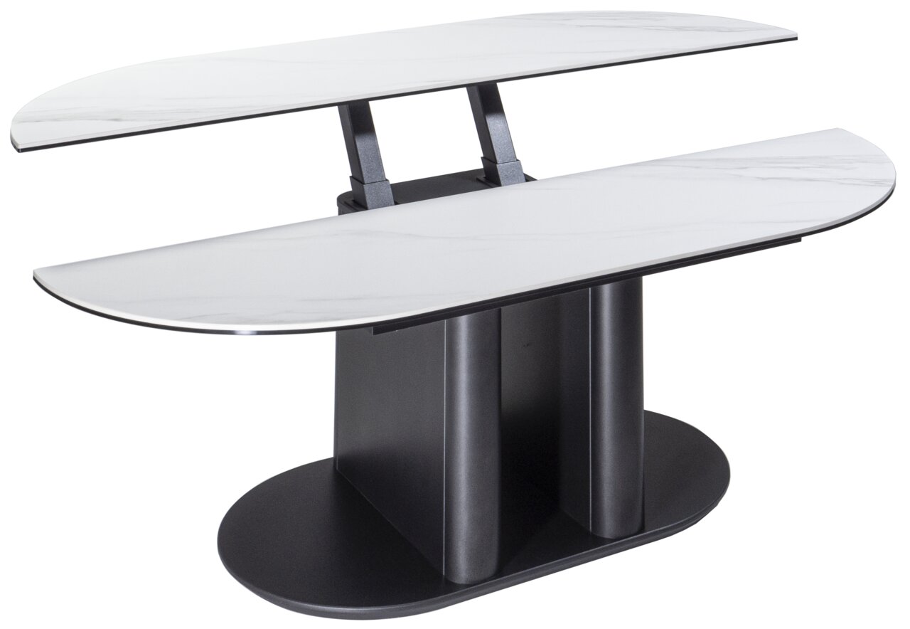 Moderner Couchtisch mit zwei weißen, ovalen Tischplatten und schwarzem Sockel, seitliche Perspektive