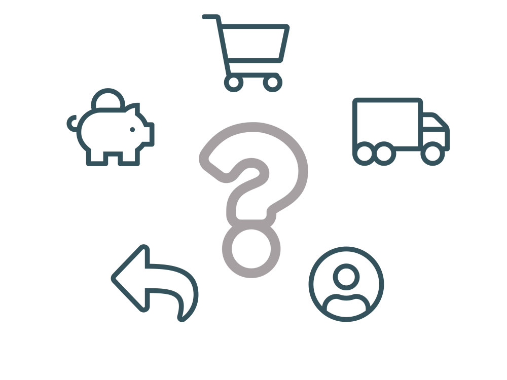 Das Bild zeigt in der Mitte ein großes Fragezeichen mit Symbolen darum angeordnet, die einen Einkaufswagen, ein Sparschwein, einen Lieferwagen, einen Pfeil für Rücksendungen und eine Person darstellen.