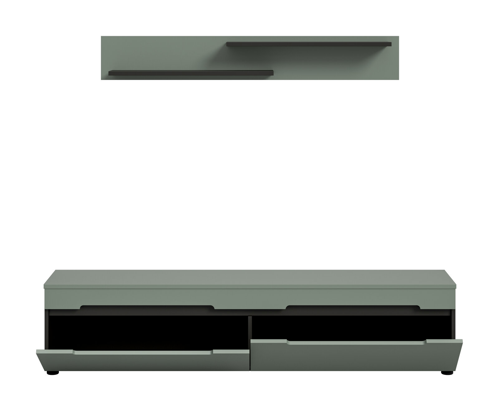 Modernes TV-Lowboard in mattem Grau mit zwei geöffneten Schubladen und zwei schwebenden Wandregalen darüber, Frontansicht auf weißem Hintergrund
