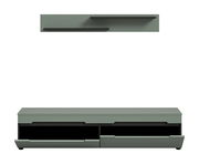 Modernes TV-Lowboard in mattem Grau mit zwei geöffneten Schubladen und zwei schwebenden Wandregalen darüber, Frontansicht auf weißem Hintergrund