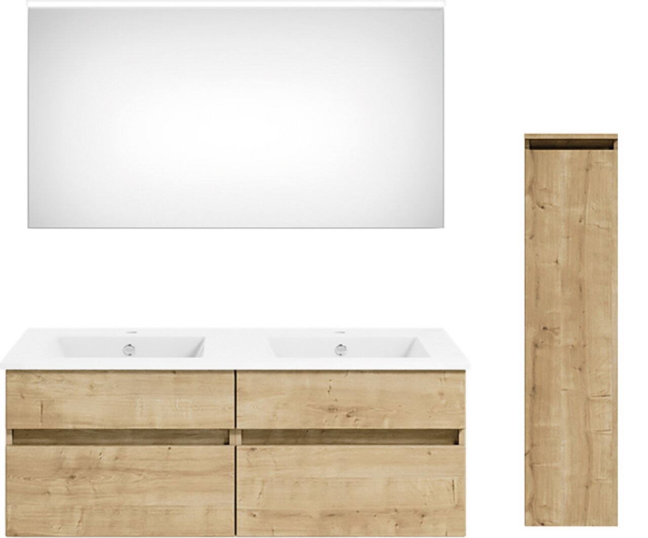 Frontale Ansicht einer modernen Badkombination mit Doppelwaschbecken, großem Spiegel und hohem Holzschrank in heller Holzoptik.