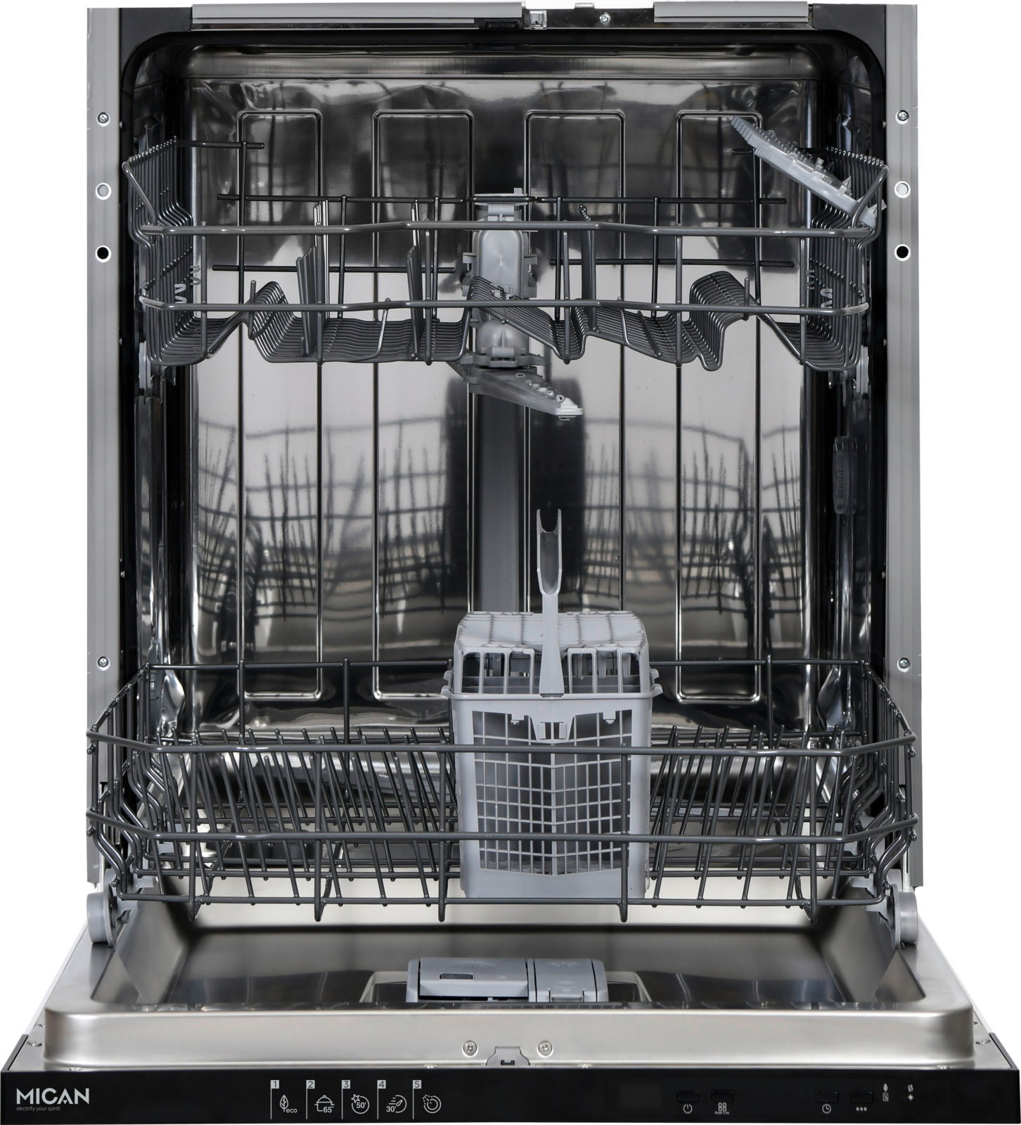 Offene Ansicht eines Einbaugeschirrspülers mit herausgezogenem unteren Geschirrkorb und Besteckkorb in der Mitte.