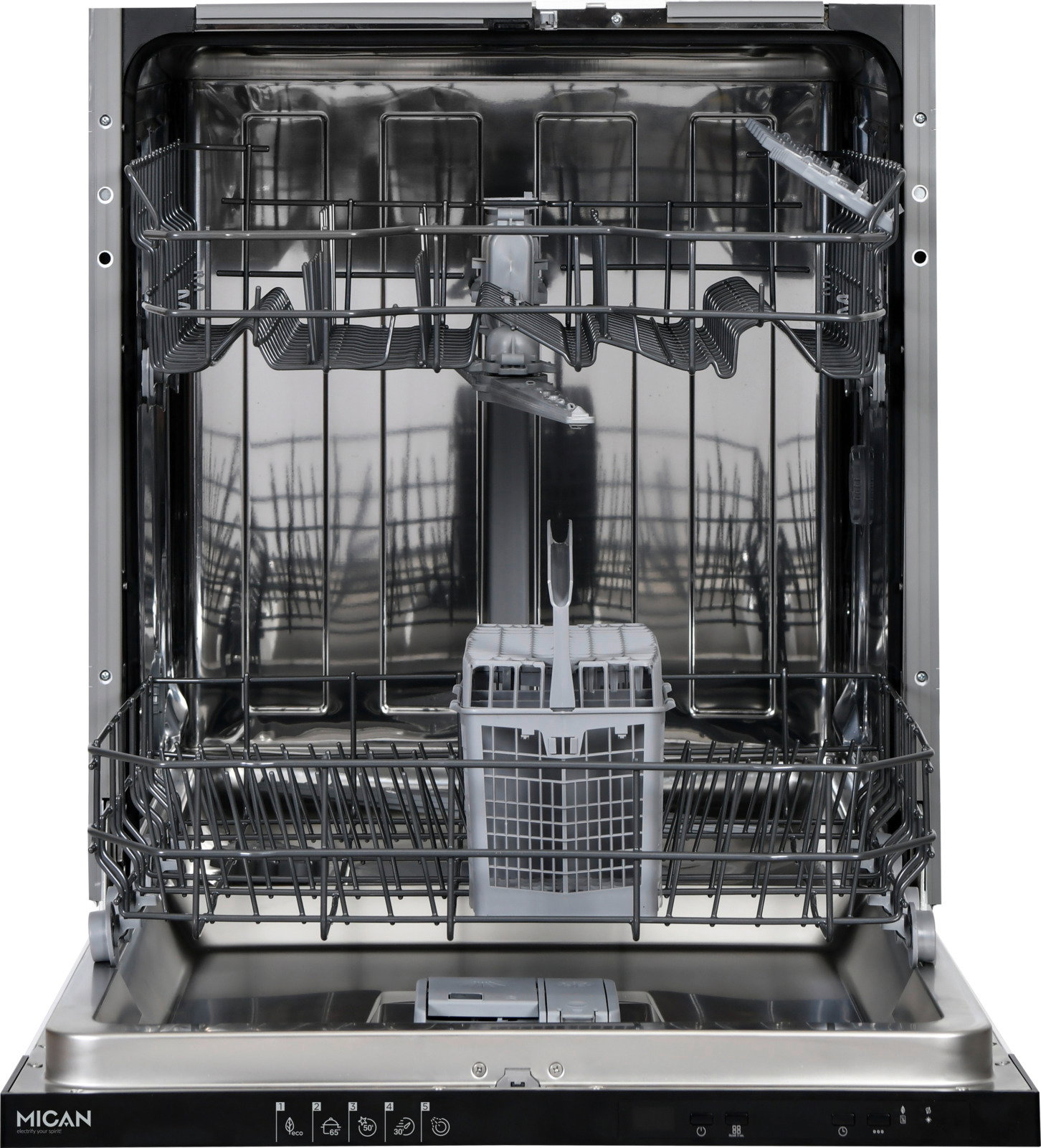 Offene Ansicht eines Einbaugeschirrspülers mit herausgezogenem unteren Geschirrkorb und Besteckkorb in der Mitte.